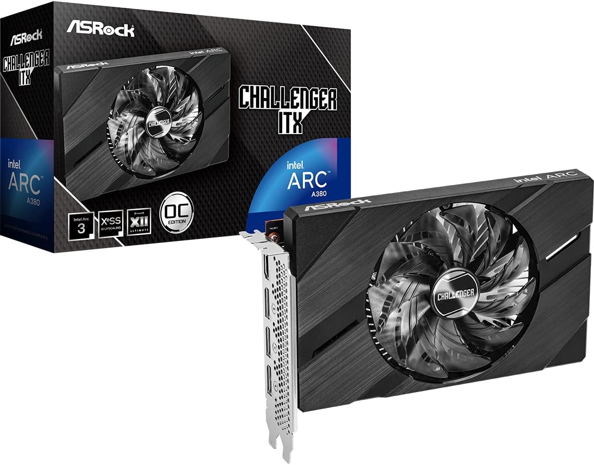 ASRock Intel Arc A380 Challenger ITX 6GB OC Graphics Card | Single Slot ITX | 2250 MHz | 6GB GDDR6 | DisplayPort 2.0 | HDMI 2.0b | 0dB Cooling | 8K Support | 500W | DirectX 12 Ultimate | PCle 4.0