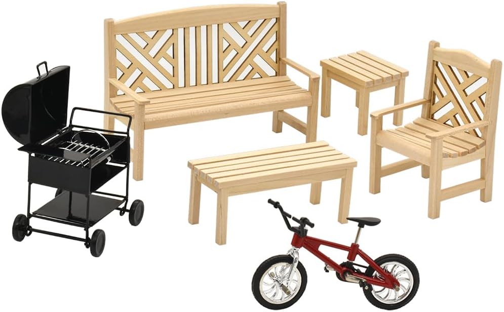 iLAND Dollhouse Furniture and Accessories on 1:12 Scale incl Dollhouse Patio Tables & Garden Chairs & BBQ Grill & Mini Bike (Modern 6pcs)