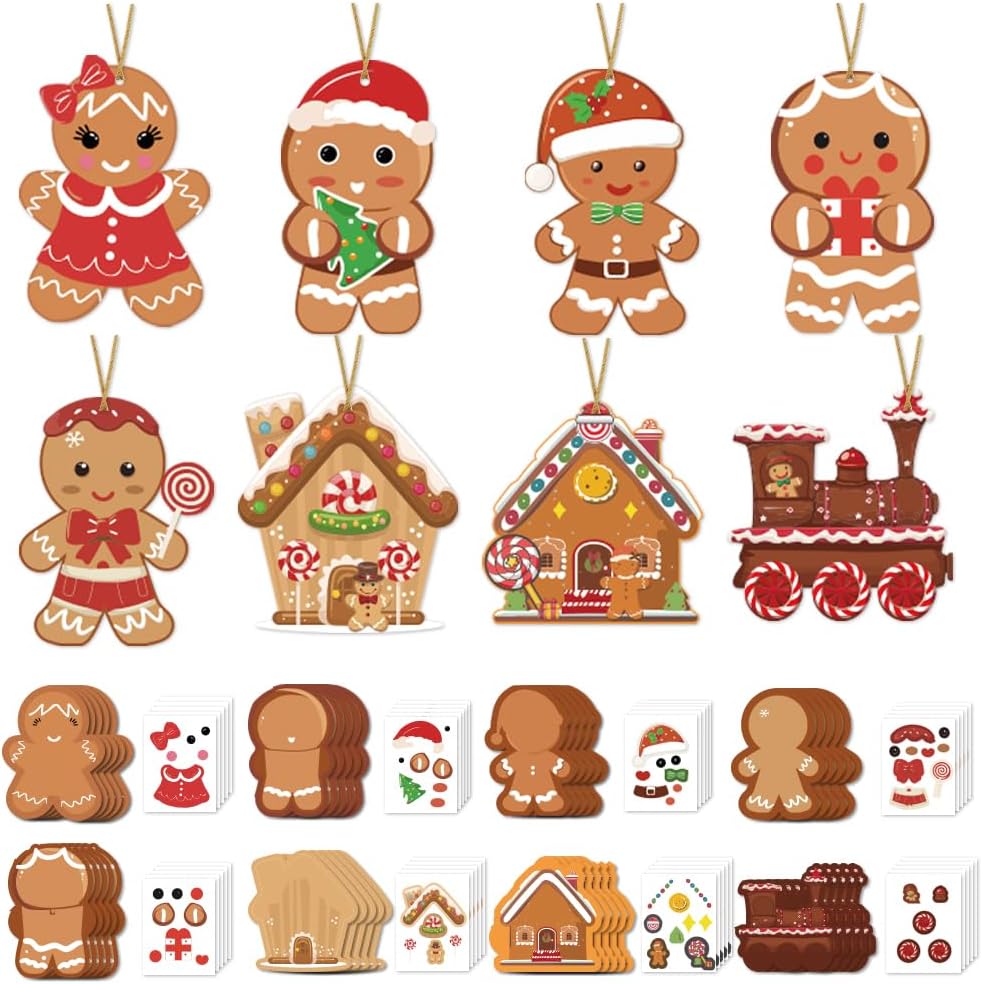 AWEELON 80Pcs Christmas Crafts Kits for Kids Christmas Arts and Crafts DIY Christmas Gingerbread Ornaments Kit Make Your Own Christmas Gingerbread Man Craft Projects for Kids