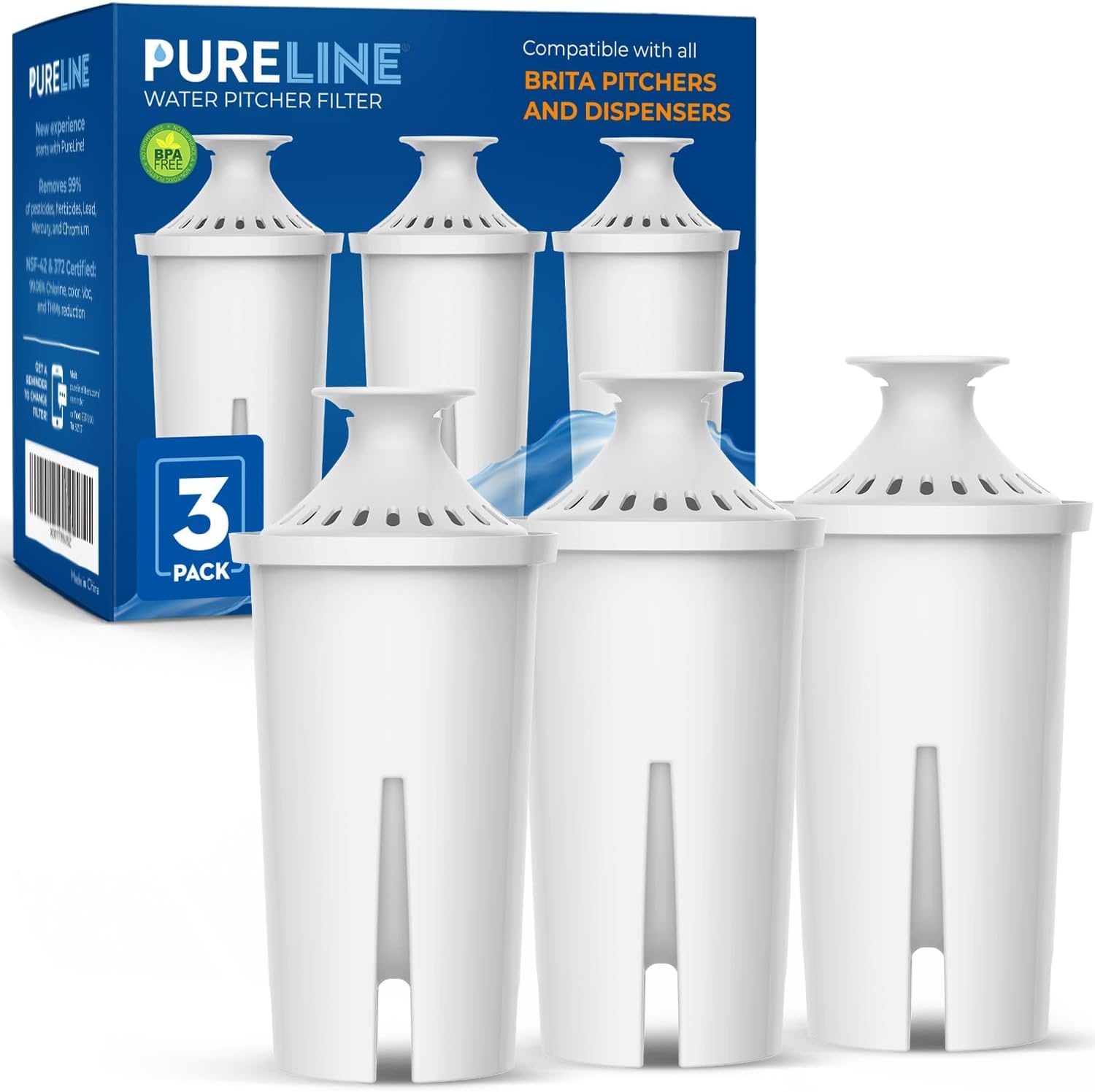 Pureline Replacement for Brita® Filter, Pitchers and Dispensers, Classic 35557, OB03, Mavea® 107007, Replacement for Brita® Pitchers Grand, Lake, Capri, Wave and More (6 Pack)