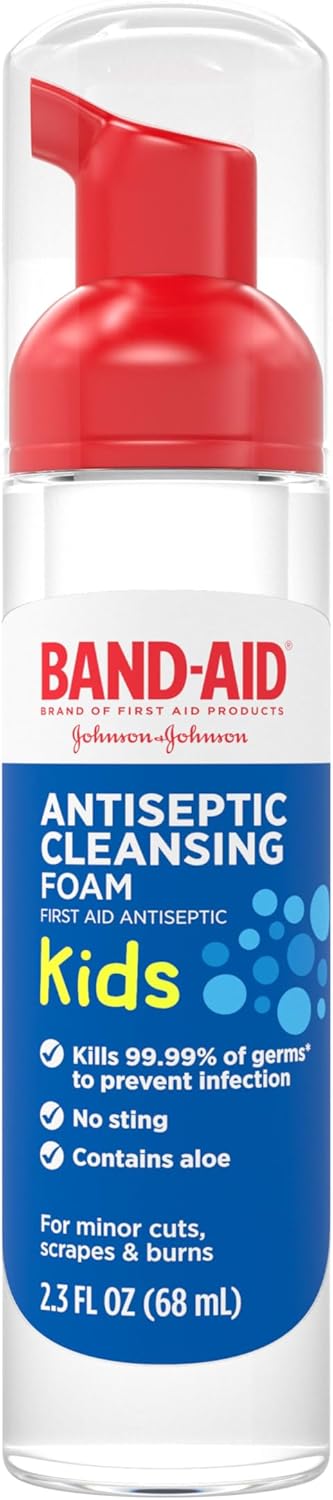 Band-Aid Brand Antiseptic Cleansing Foam for Kids, First Aid Antiseptic Foam Kills Germs to Prevent Infection, with Benzalkonium Cl Wound Antiseptic & Aloe, No Sting, 2.3 fl. oz
