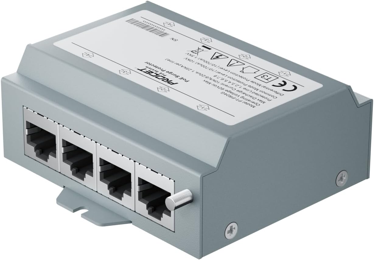 PROCET Ethernet Surge Protector Gigabit - 4 Pairs Port 20KV Industrial Lightning Arrestor for -40°F to 185°F, 120W/port PoE++ RJ45 Surge Protector, 10/100/1000Mbps, Gas Discharge Tube（GDT）, PT-PR04G