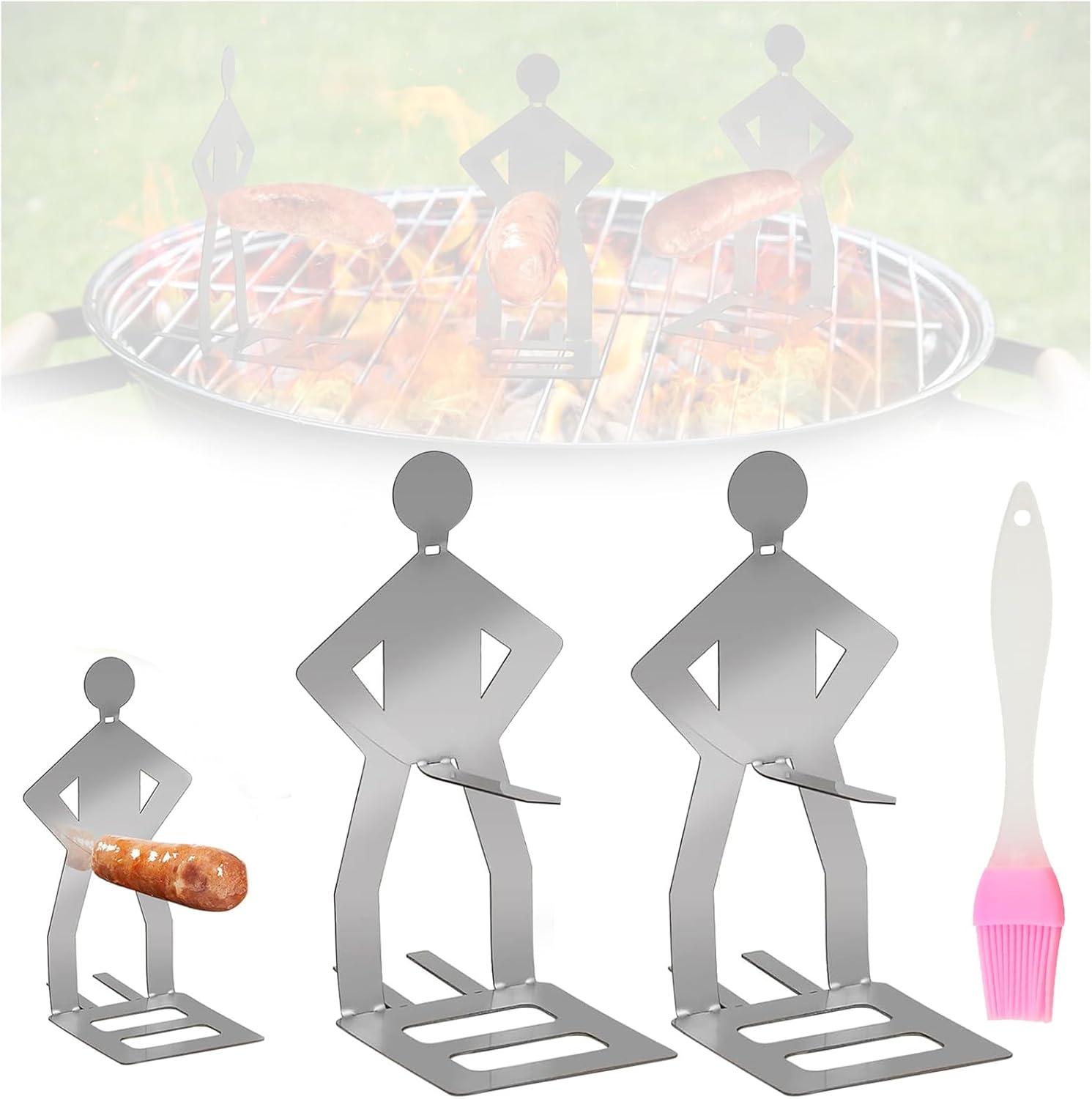 2 PCS Fun Sausage Holder Rack Stainless Steel - BBQ Accessories for Men Portable Prank Funny Hot Dog Cooking Gadgets with Brush - Outdoor Funny BBQ Fork for Camping Picnic Garden(Silver)
