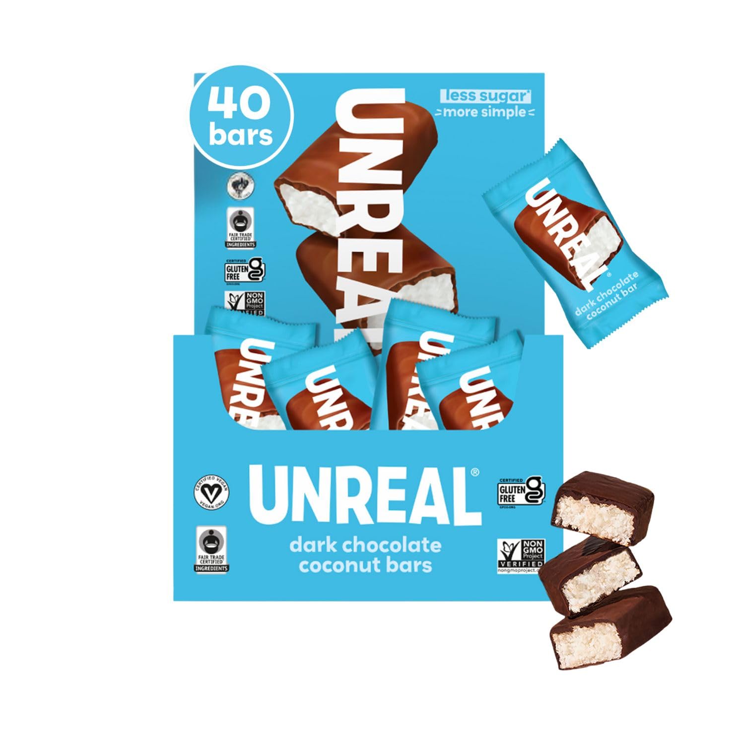 UNREAL Dark Chocolate Coconut Bars (40 Mini Bars) | Vegan, 3g Sugar, & 3 Simple Ingredients | Non-GMO, Gluten Free, & Fair Trade | .53oz each