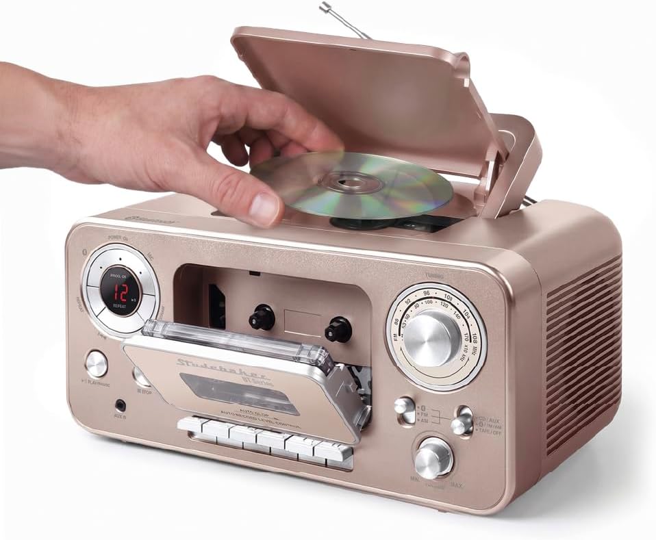 Studebaker Portable CD Player with Bluetooth, AM/FM Stereo Radio & Cassette Player/Recorder with Aux-in and AC/DC Power - Rose & Gold