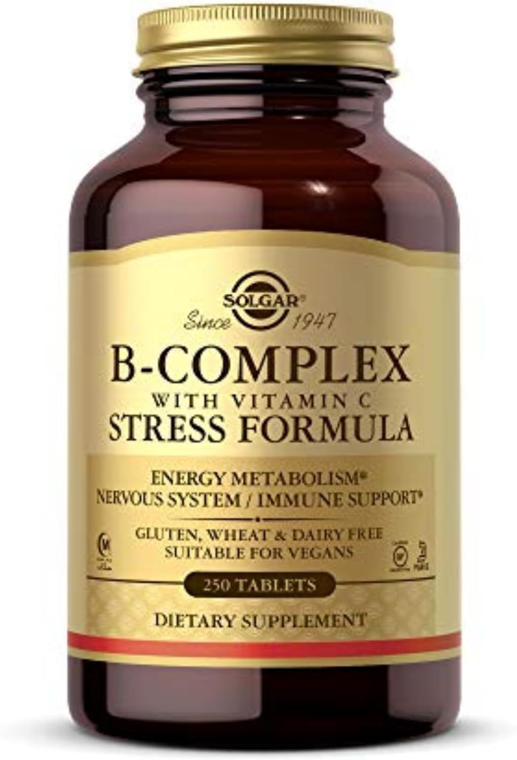 Solgar B-Complex with Vitamin C Stress Formula, 250 Tablets - Energy Metabolism, Nervous System & Immune Support - Non-GMO, Vegan, Gluten Free, Dairy Free, Kosher, Halal - 125 Servings