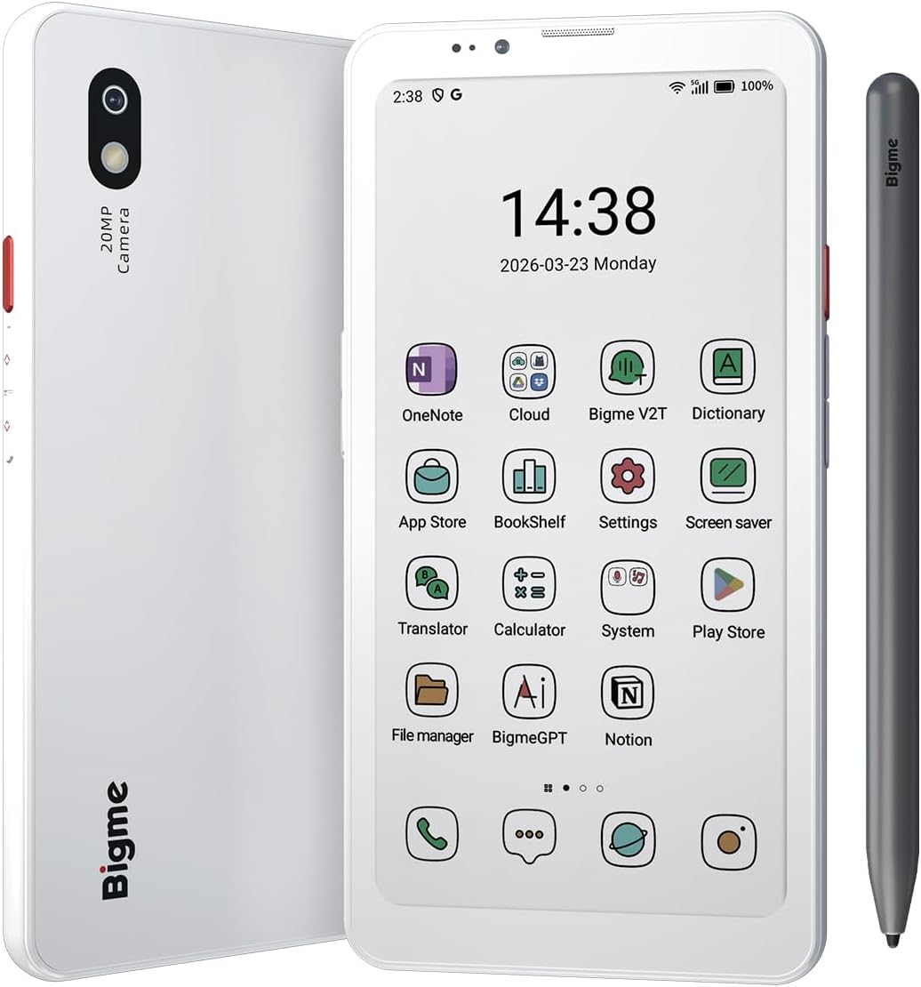 Bigme HiBreak Plus 6.13" E-Ink ePaper Handwriting Phone with 4GB +64GB, Android 14, Android Color Ereader 4G Smart Phone Supports Fingerprint Unlcok, Adjustable Front Light, Long Battery Life White