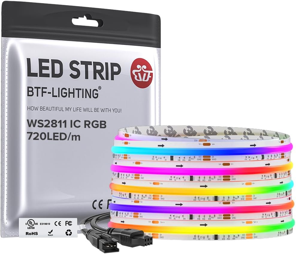 BTF-LIGHTING 16.4FT WS2811 Smart IC RGB DC12V FCOB COB LED Strip Light