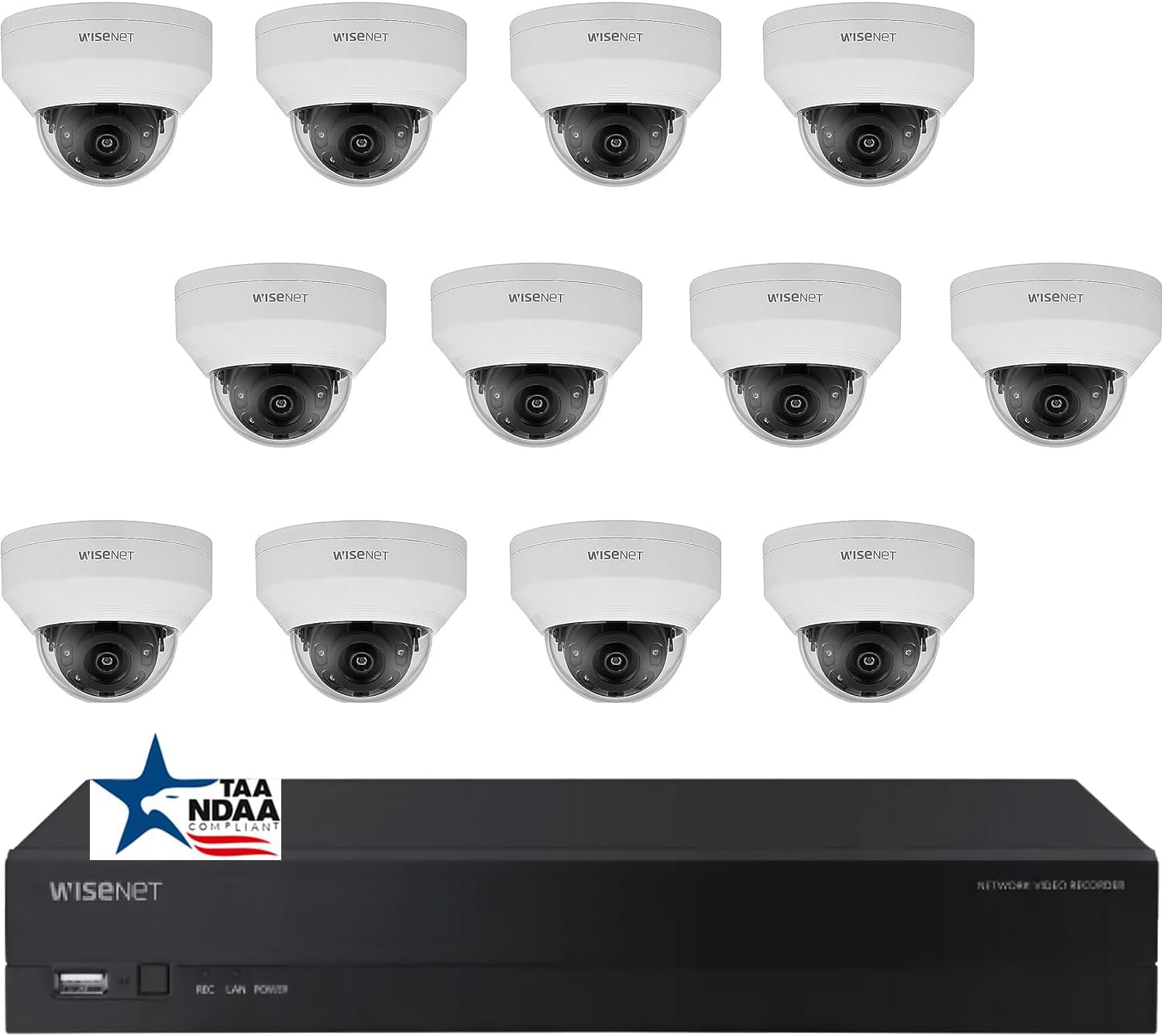 Hanwha A-Series 16 Channel PoE IP Camera System, NDAA TAA Compliant for Government Projects, ARN-1610S 16 CH 4K H.265 NVR with 12 pcs ANV-L7012R 4MP IP Dome Weatherproof IP Cameras 4TB Storage