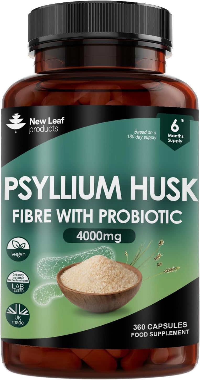 Fibre Supplement 4000mg Psyllium Husk with Acidophilus - High Strength - Natural Soluble Fiber Supplement from Plantago Ovata Seeds, 360 Psyllium Husks Capsules Vegan, Made in UK by New Leaf