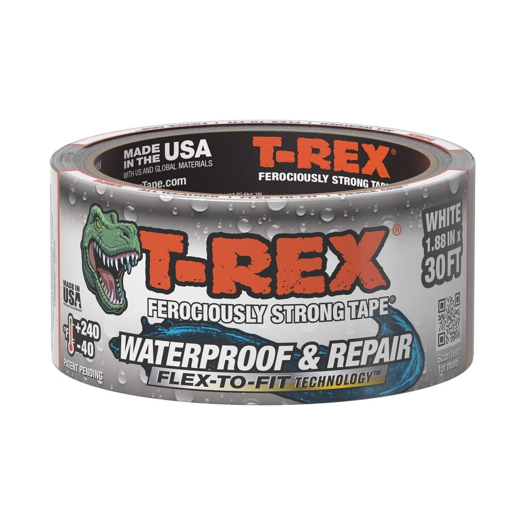 T-Rex Flexible Waterproof Tape - Heavy Duty Adhesive Waterproofing Tape for Repair, Leaks, Roof Patches - Extreme Weather & UV Resistance - White, 1.88" x 30 ft. (Pack of 1)