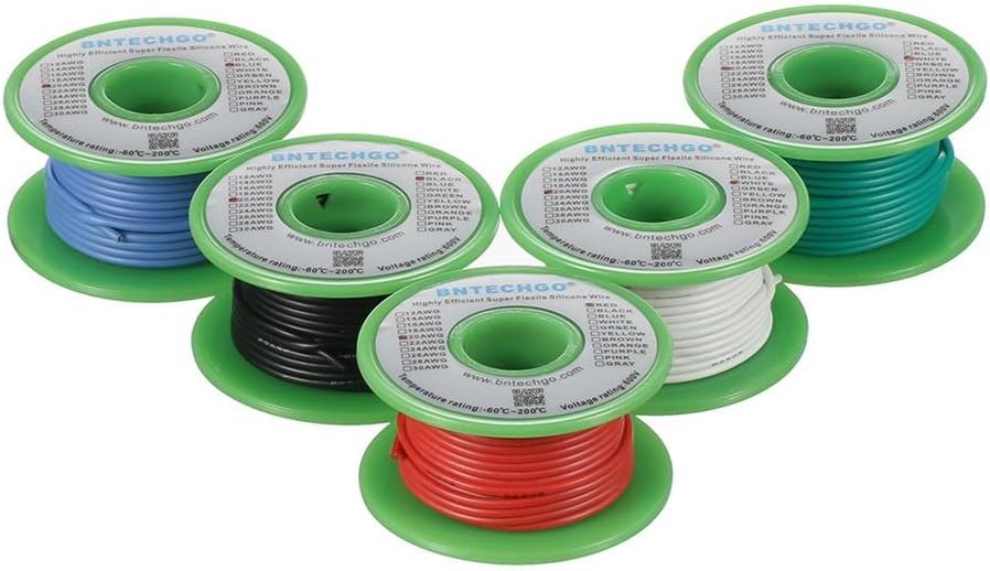 BNTECHGO 20 Gauge Silicone Wire Kit Red Black White Blue and Green Each 30ft 20 AWG Stranded Tinned Copper Wire