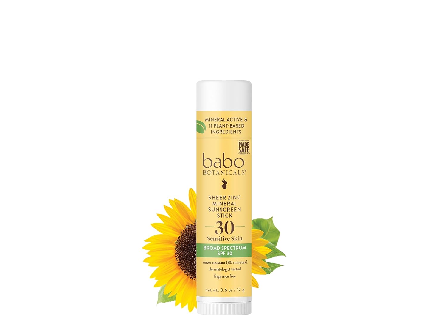 Babo Botanicals Sheer Zinc Mineral Sunscreen Sport Stick SPF30- Natural Zinc Oxide- Shea Butter- Fragrance-Free - Water Resistant - Made Safe Certified