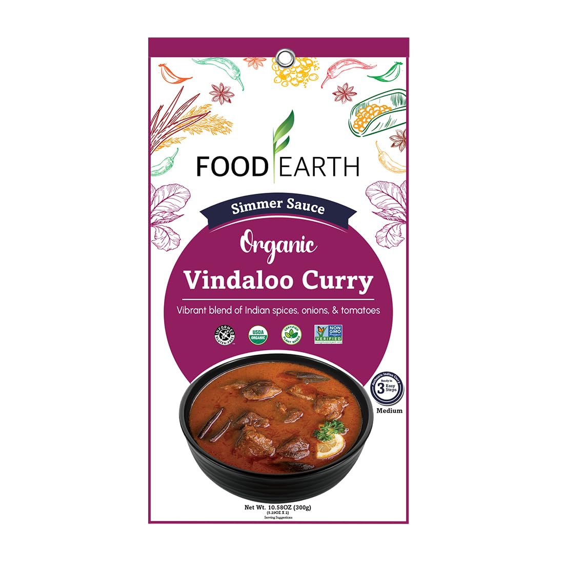 Food Earth Indian Simmer Sauce – Vindaloo Curry – Organic, Vegan, Gluten-Free, GMO-Free – Microwavable Cooking Sauce – 12 Pouches (5.29 oz Each)