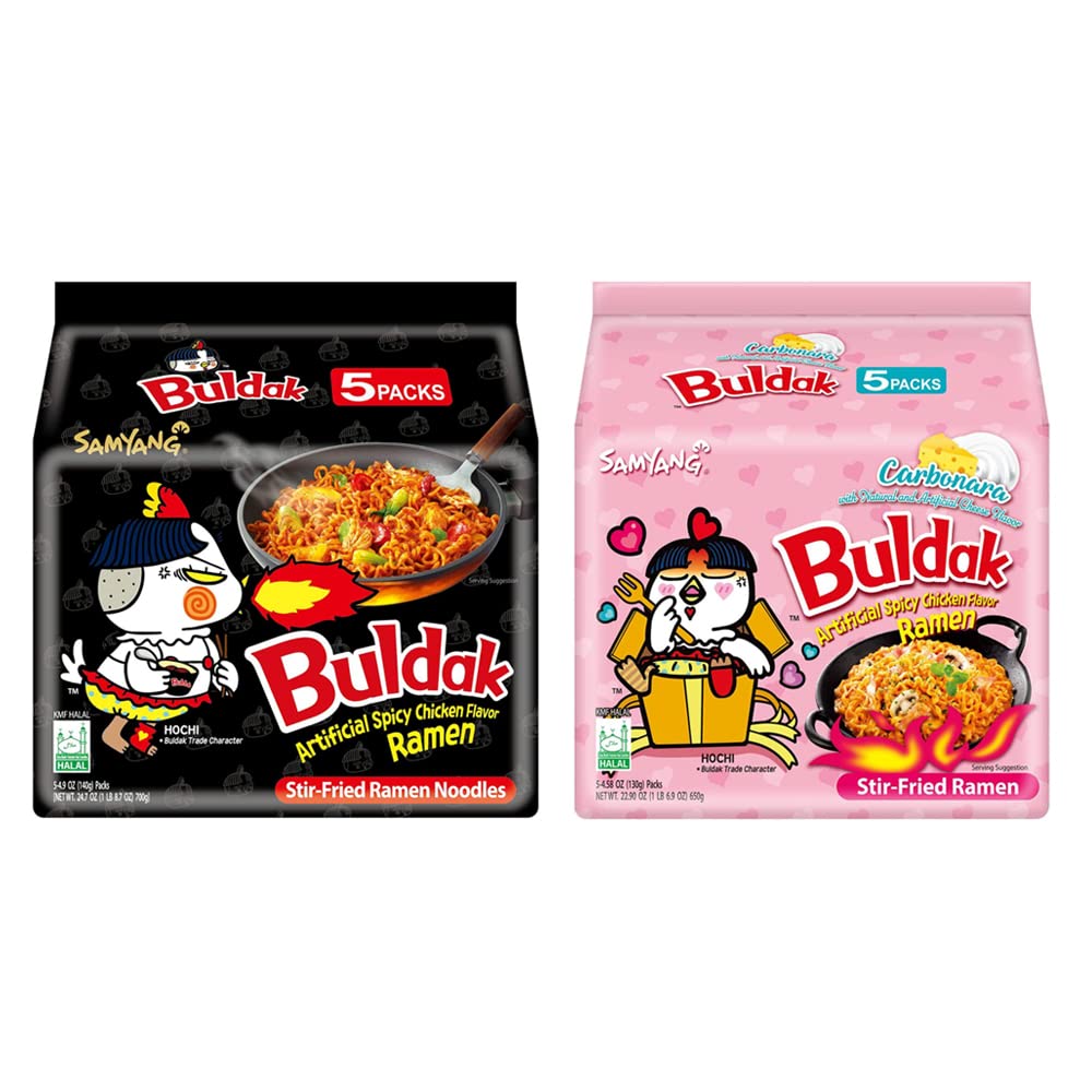 Samyang Buldak Hot Spicy Chicken Ramen Noodle Korean Stir-Fried Ramen, Original 4.94 OZ(140g) & Carbonara Flavor 4.58OZ(130g), 5 Pack for Each Flavor