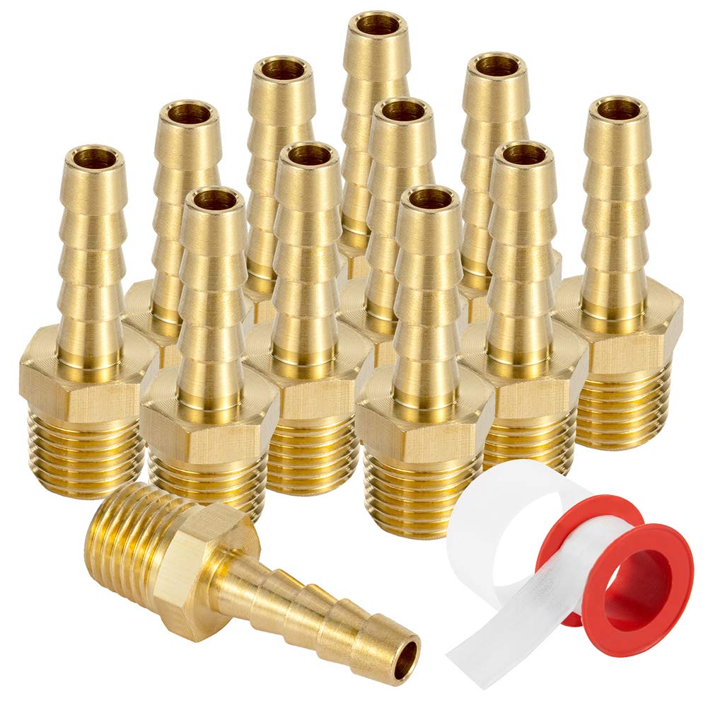 Brass 1/4" Barb X 1/4" NPT Male End Air Hose Pipe Fitting Threaded Connector Adapter, Pack of 12