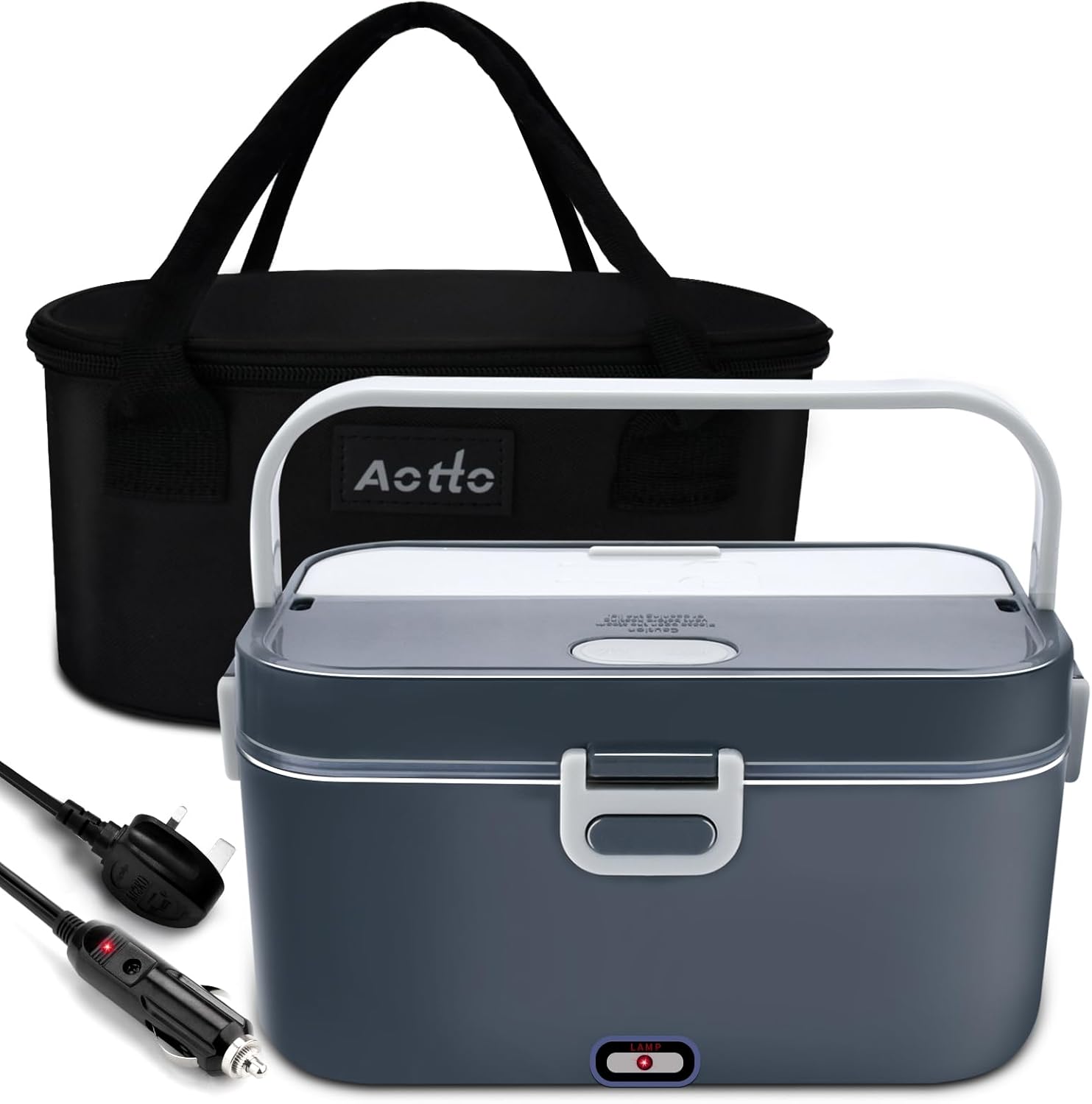 Aotto Electric Lunch Box Food Heater Warmer 90W Fast Heating - 2L Larger Heated Lunch Box Adults Portable Lunch Warmer for Car/Truck/Office 12V/24V/220V 3-in-1, Insulated Bag & 304 SS Container (Grey)