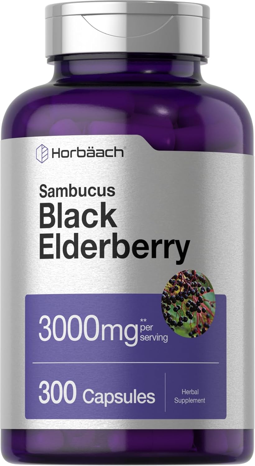 Horbäach Black Elderberry | 3000mg Capsules | 300 Count | Non-GMO, Gluten Free | Sambucus Supplement