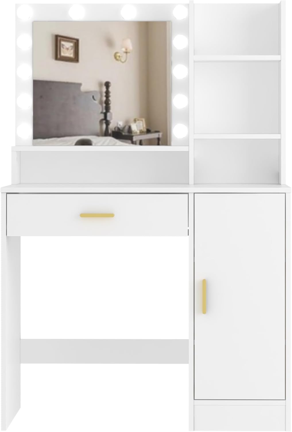 Vanity Desk, Vanity Mirror with Lights and Table Set with 1 Big Drawers, 1 Cabinet & 4 Shelves Makeup Vanity Set 3 Lighting Modes Brightness Adjustable Dressing Table (White)