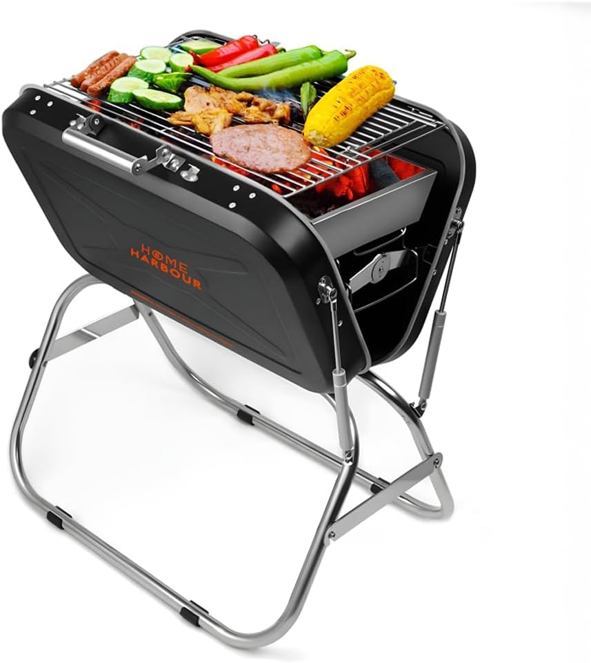 Home Harbour Adventure BBQ | Large Portable Foldable Suitcase Charcoal Grill, Compact Outdoor BBQ Grill for Camping, Picnics, Garden, Folding Stand, Stainless Steel Portable Barbecue for Outdoor