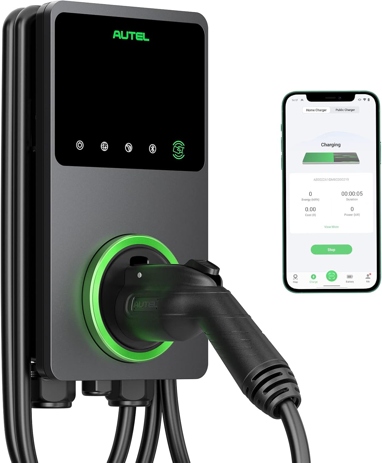 Autel Level 2 EV Charger 50 Amp Smart AI Electric Vehicle (EV) Charger, Wi-Fi and Bluetooth Enabled EVSE, Indoor/Outdoor Car Charging Station, with in-Body Holster and 25-Foot Cable Hardwired