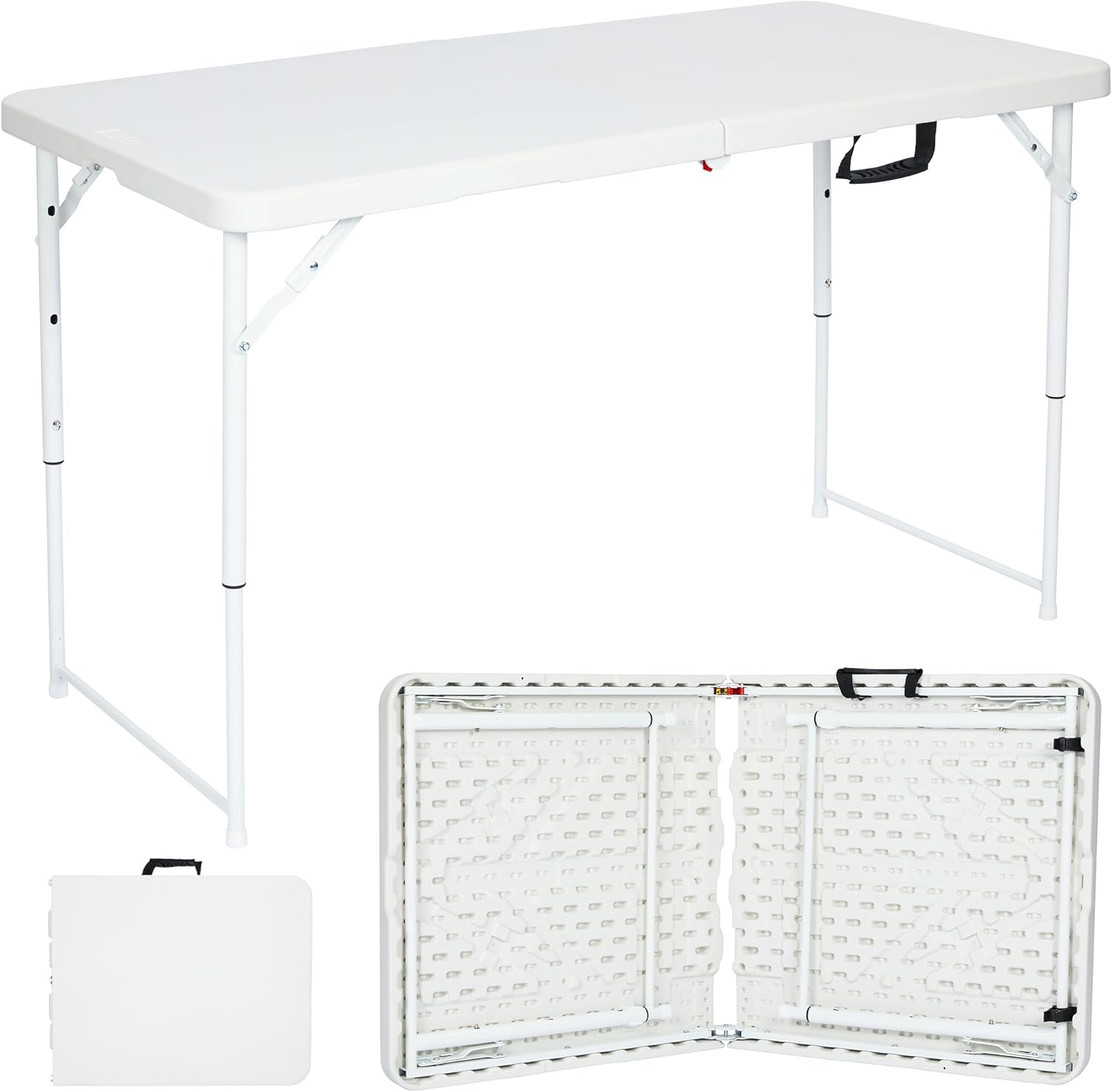 Nyxi 4ft Folding Table – White Top & Legs – Adjustable Height 56–74cm – Sturdy, Waterproof & Portable – 122Lx61Wcm for Camping, BBQs, Garden, Party Use – Heavy-Duty, Easy to Store