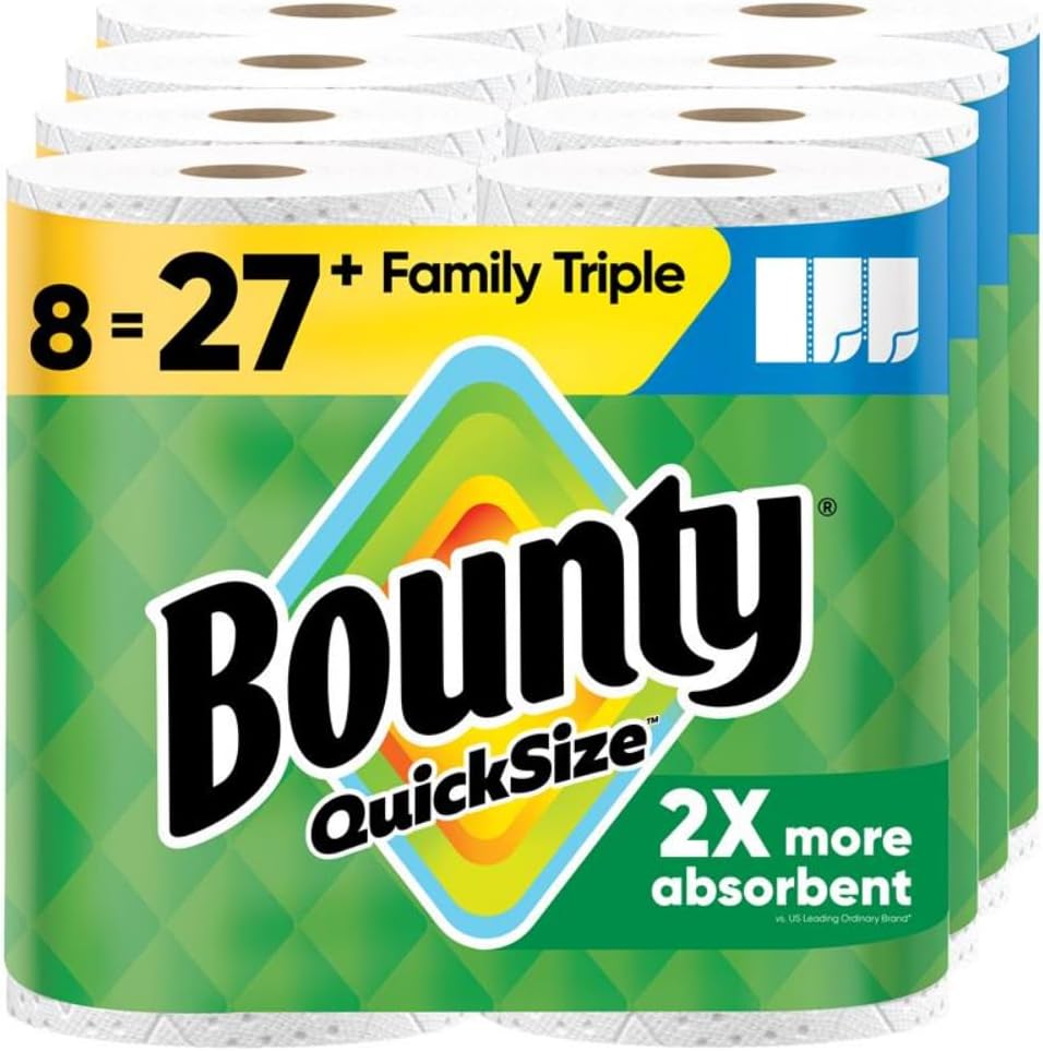 Bounty Quick-Size Paper Towels, White, 8 Family Triple Rolls = 27 Regular Rolls