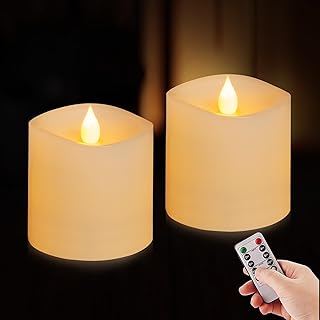3x3 Flameless Candles with Remote Set of 2, 3 inch Battery Candles Flickering with Timer, LED Pillar Candle for Valentines Day Decorations Indoor/Outdoor, Lvory White