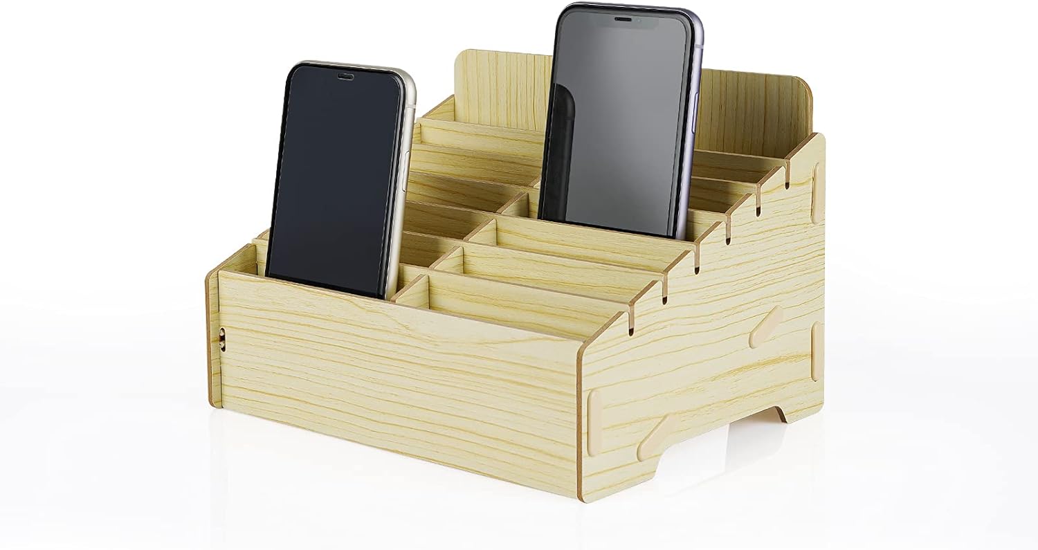 Ozzptuu Cell Phone Storage Box Desktop Wood Cell Phone Holder Multiple Pocket Chart Desk Organizer for Teachers Classroom Office (14 Slots)