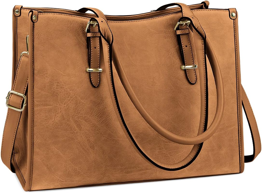 NUBILY Laptop Bags for Women 15.6 inch Handbags Designer Laptop Tote Bag Large PU Leather Ladies Shoulder Bag for Work School Shopping Business (Brown)