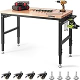 VEVOR Adjustable Workbench, 48" L X 24" W Garage Worktable with Universal Wheels, 28-39.5" Heights & 2000 LBS Load Capacity, with Power Outlets & Hardwood Top & Storage & Foot Pads, for Office Home