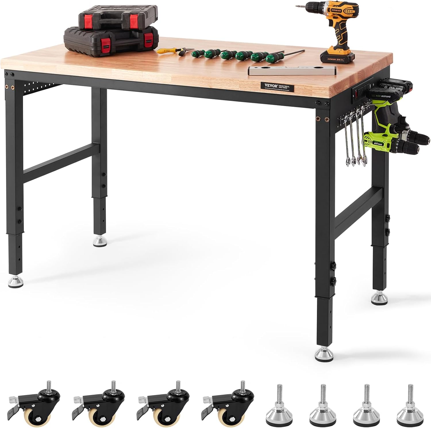 VEVOR Adjustable Workbench, 48" L X 24" W Garage Worktable with Universal Wheels, 28-39.5" Heights & 2000 LBS Load Capacity, with Power Outlets & Hardwood Top & Storage & Foot Pads, for Office Home