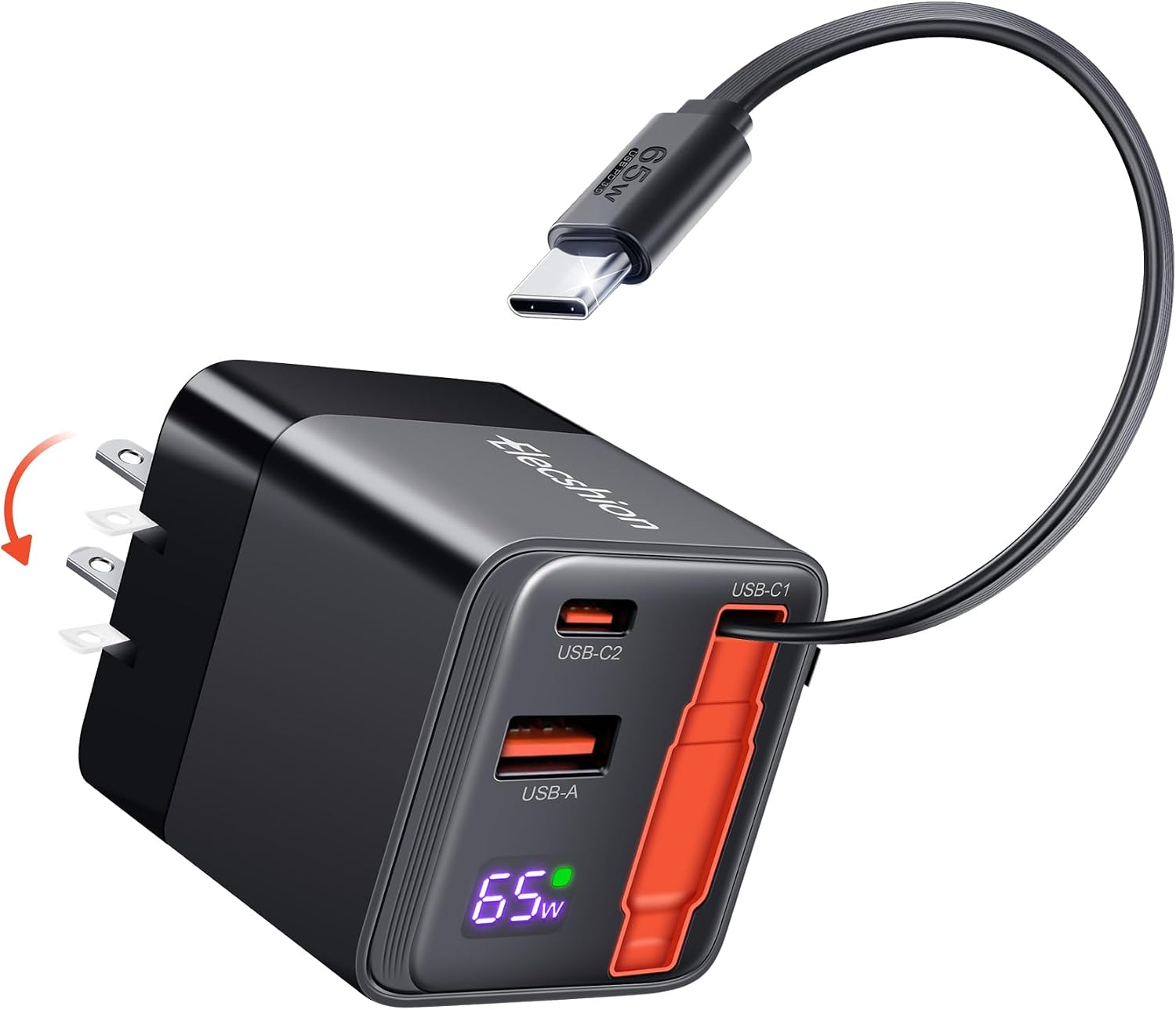 65W Retractable Wall Charger, USB C Charger Block Built-in Type C Cable & Dual Port, PD PPS Fast Charging GaN Power Adapter Travel Charger for MacBook,Lenovo IdeaPad,iPhone 17 Pro Max,Galaxy S24