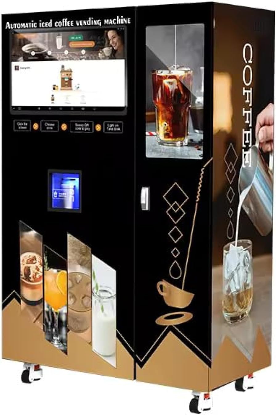 Robot Arm Making Ice Coffee Cafe Vending Machine Robot Coffee Machine Fully Automatic,20 kinds of flavors drinks,200Cups can serve in Cafe,Mall,Fuel Stations work for 24/7, 32inch Touchscreen for Ads