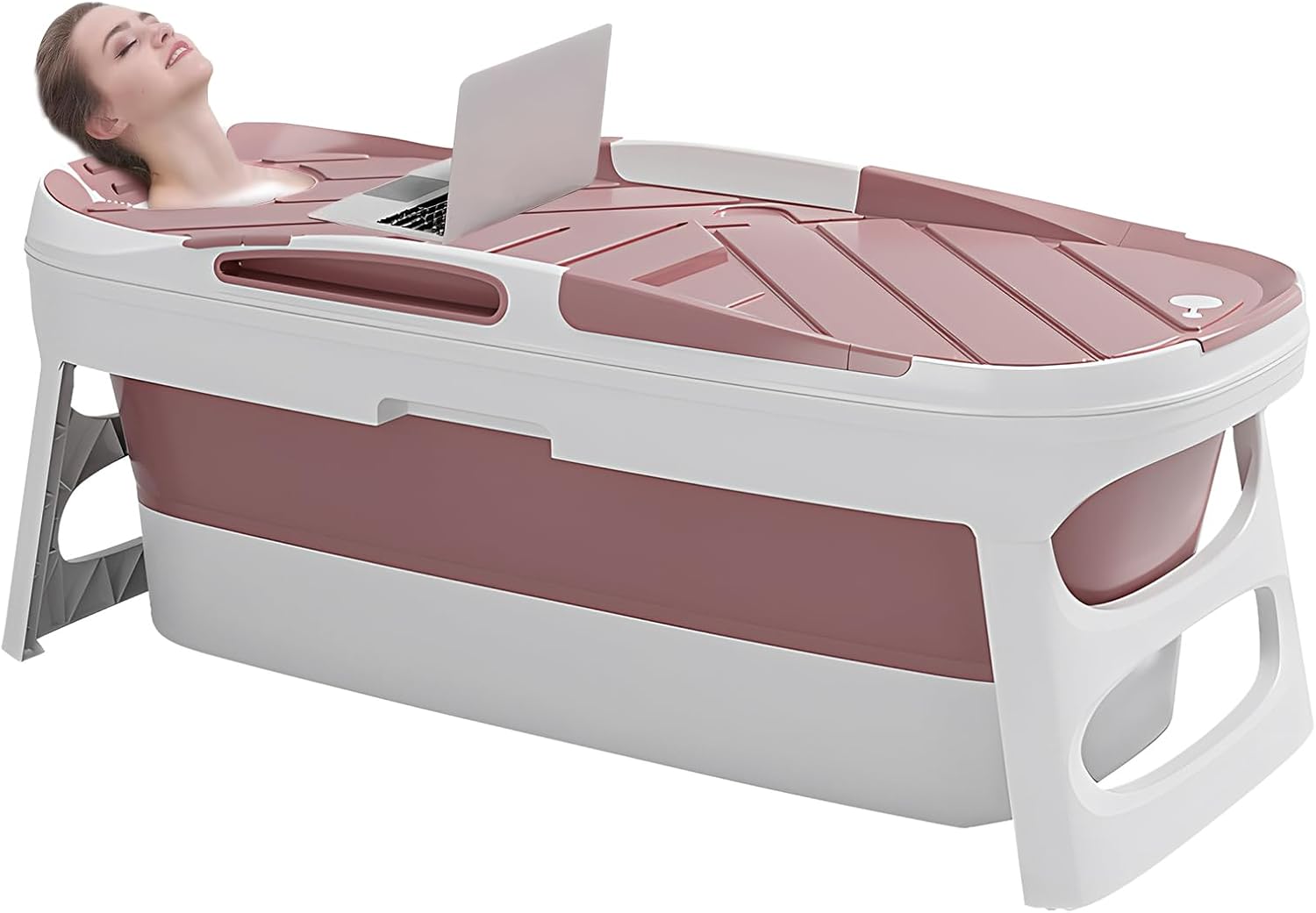 Warmiehomy Folding Bathtub,Portable Bathtub Adults, Plastic Folding Thicken Bathtubs, Foldable Sweat Steaming Bathtubs with Lid, Family Soaking Bath Tub for Adults Children, 113x63x54cm Pink