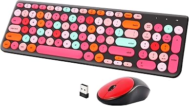 Wireless Keyboard and Mouse Combo, Retro Typewriter Wireless Keyboard with Round Keycaps, 2.4GHz Full-Size USB Cute Mouse for Desktop, Laptop and Computer (Black-Colorful)