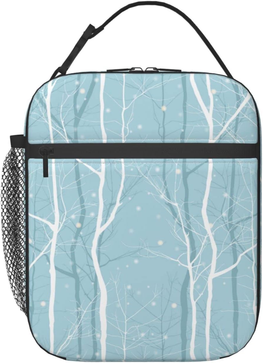 XVBCDFG Lunch Box Winter Blue Forest Insulated Bag Reusable Leakproof Food Tote Container with Side Pocket for Work School Picnic Hiking Daytrip