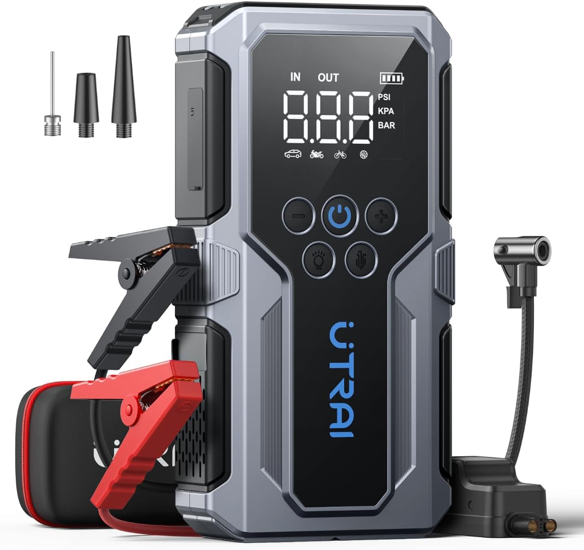 4500A Car Battery Booster Jump Starters with 150PSI Air Compressor/18W Fast Charging/LED Flashlight,UTRAI Jump Starter Power Pack,Portable Powerbank Charger,and Jump Leads for 8.5L Gas/6.5L Diese