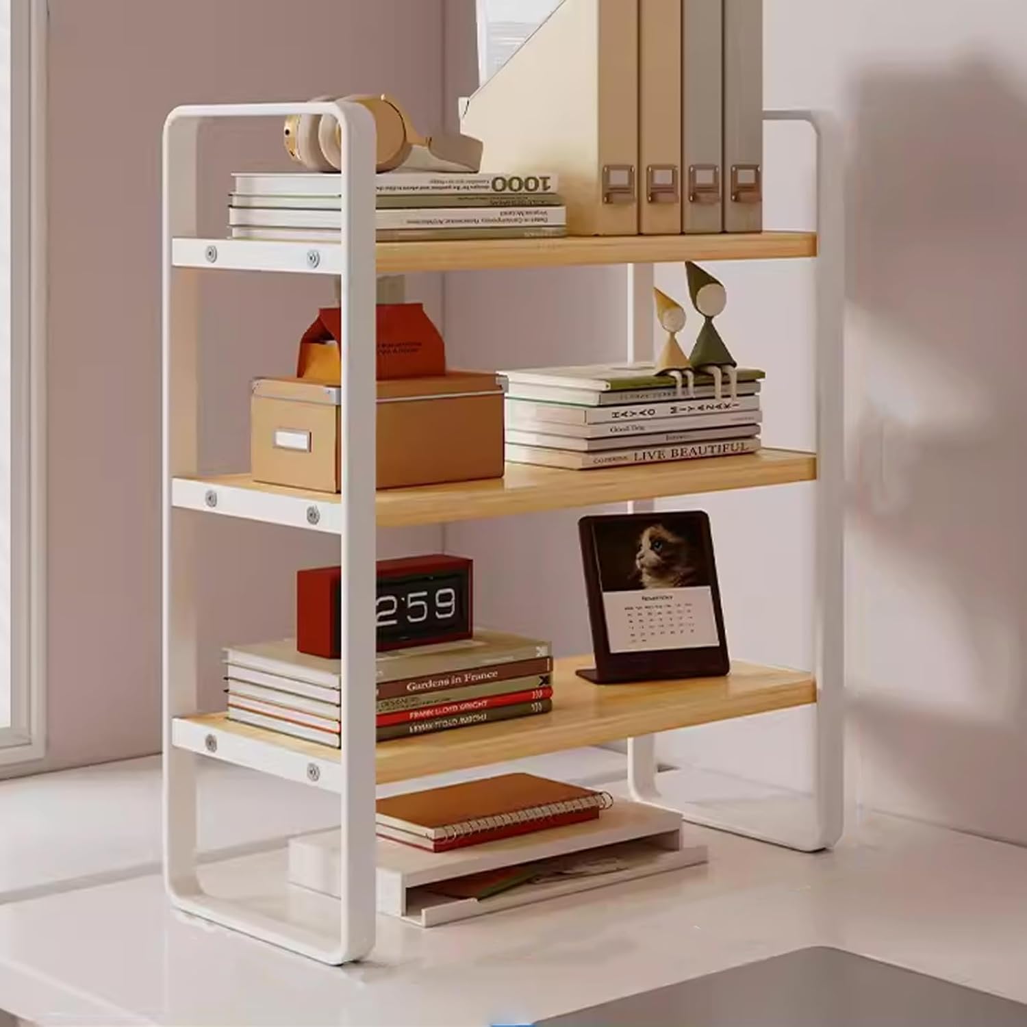 ONFSZCKB Desktop Shelves，( 3 Tier Desktop Organizer Shelf, Wood Storage Rack, Office Storage Rack, Computer Desk Bookshelf, with Metal Frame Wood Board Storage Shelves, for Office Supplies(Yellow,30c