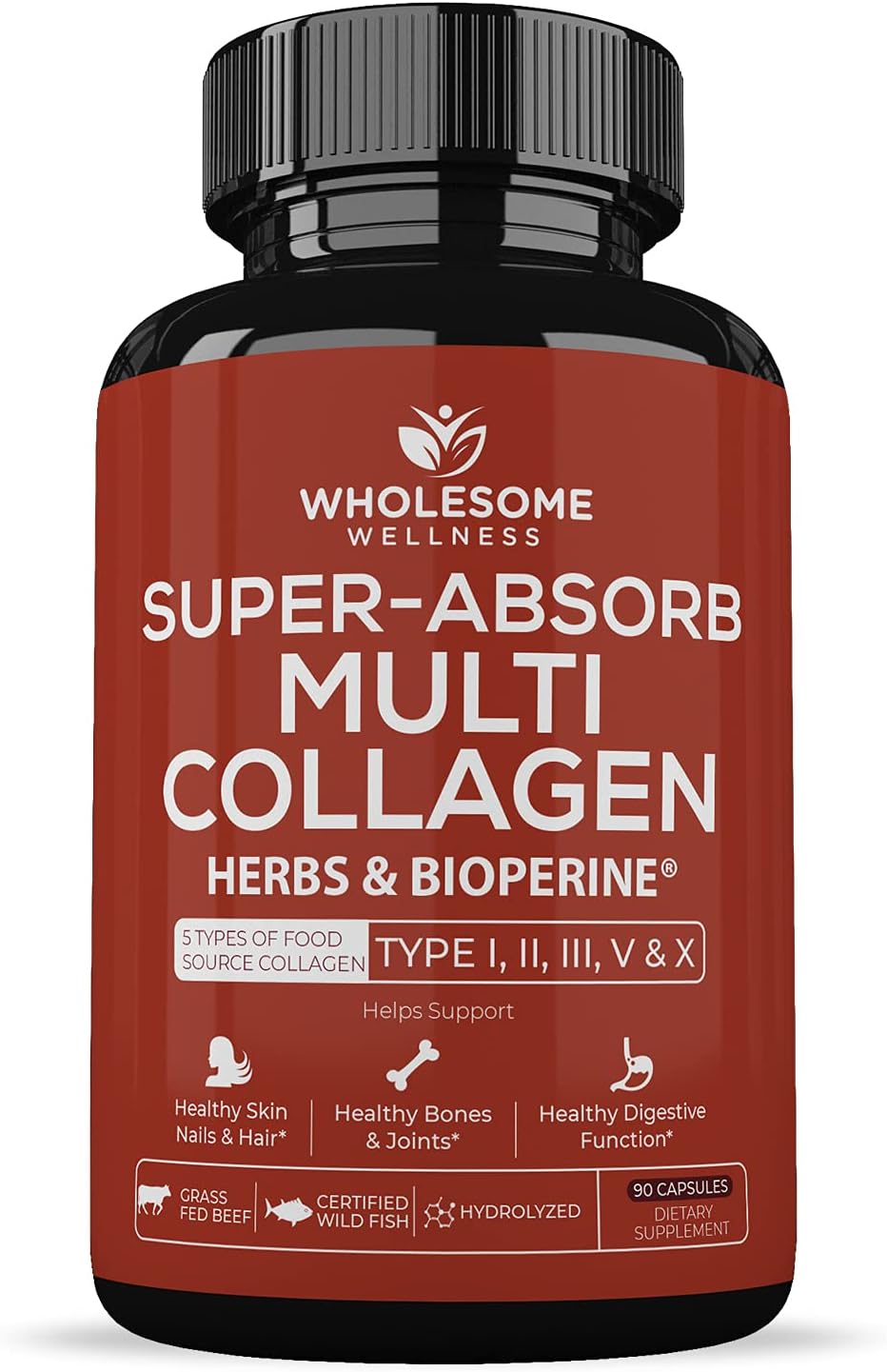 Wholesome Wellness Super-Absorb Multi Collagen Pills (Type I II III V X) Organic Herbs & Bioperine - Hair, Skin, Nails, Joints - Hydrolyzed Peptides Protein Supplement for Women & Men (90 Capsules)