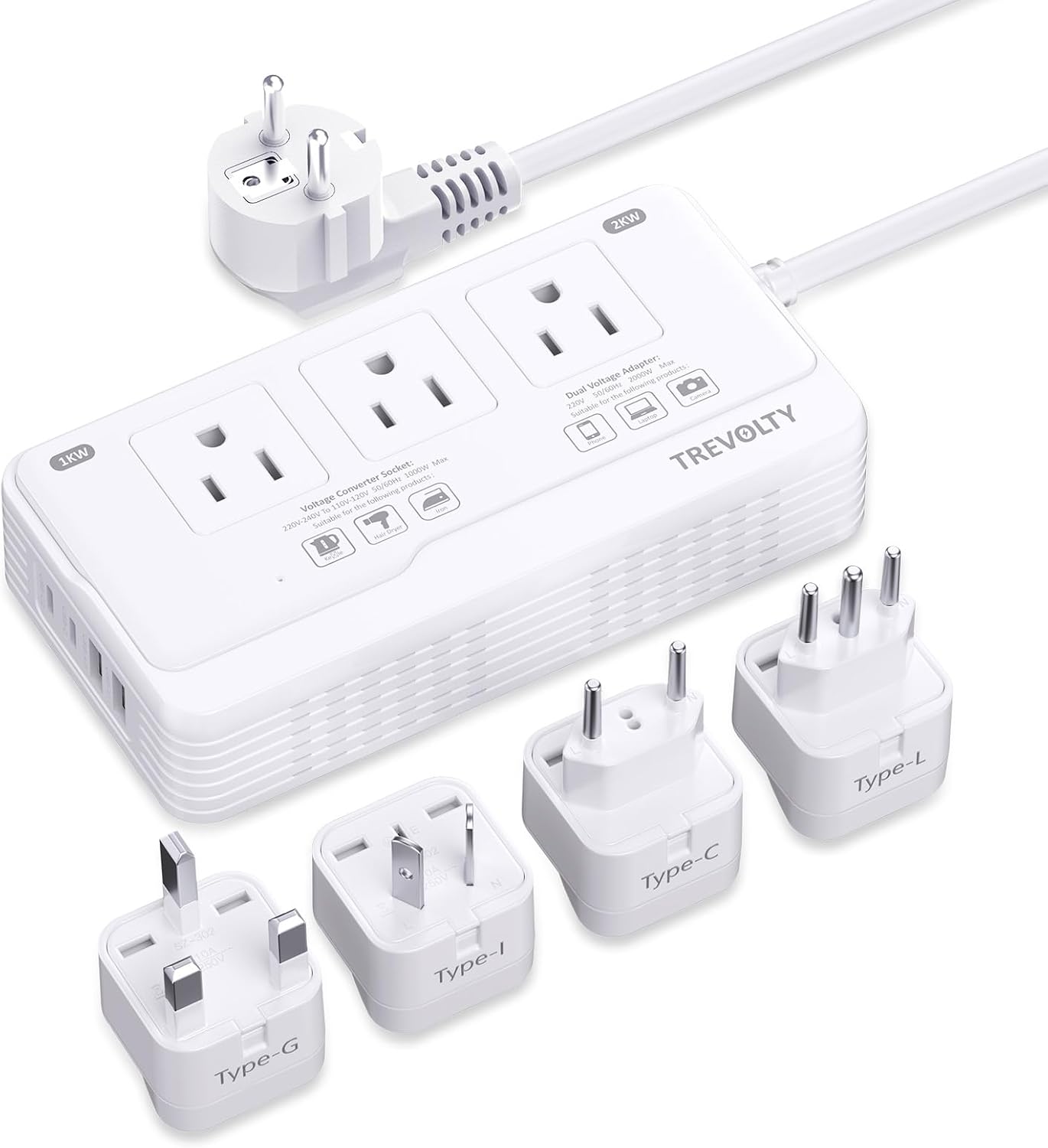 2000W Voltage Converter US to Europe, 220V to 110V Converter for European Travel, Power Adapter for Hair Dryer, European Travel Plug Adapter with 3 AC/ 2 USBC/ 2 USBA & EU/UK/AU/IT Plugs (White)