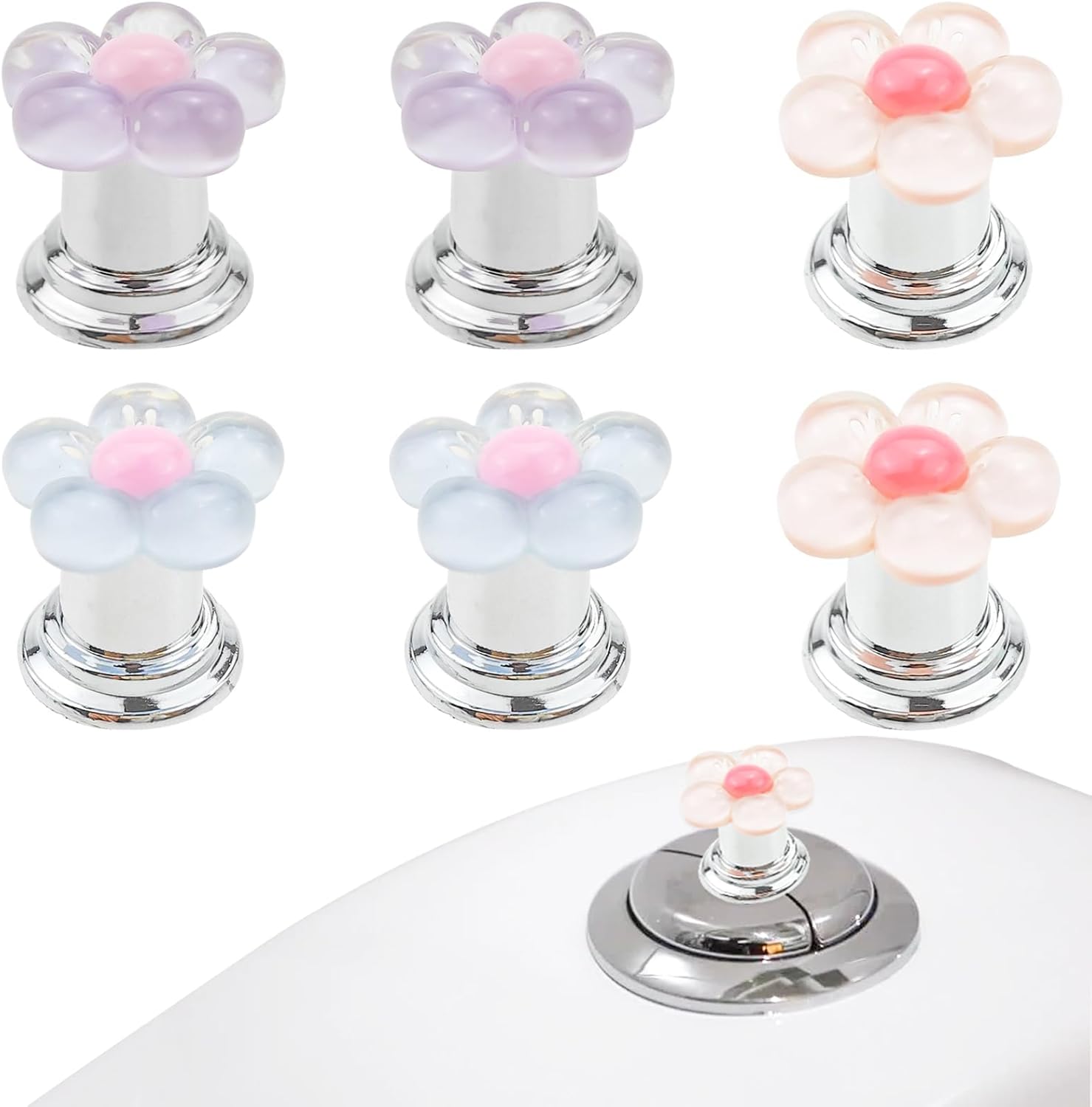6 Pack Flower Shape Toilet Button Pusher, Toilet Tank Button, Aids Flush Replacement for Women Long Nail Art, Flower Shape Toilet Press, Toilet Flush Button Pusher Tool