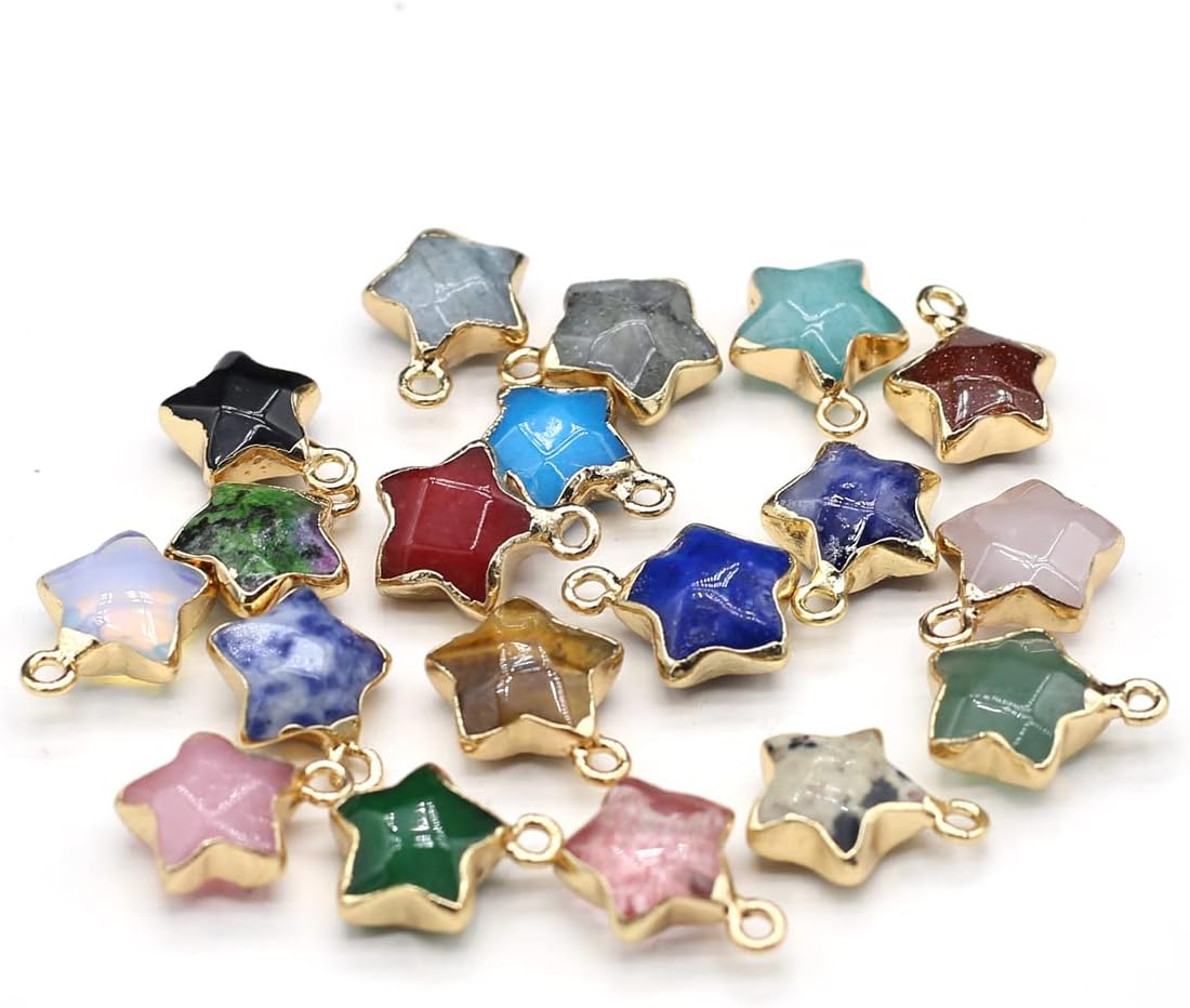 LHJ 8 Pcs Natural Stone Pendants Faceted Pentagram Shape Random Energy Healing Crystal Charms for Jewelry Making Necklace Bracelet Women Gift