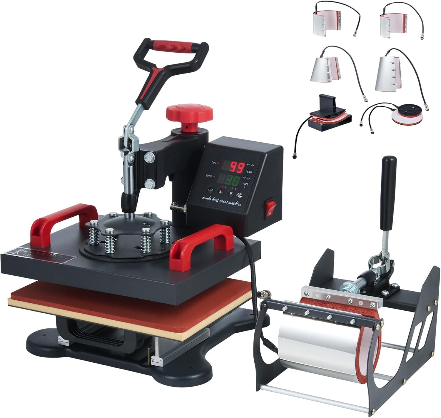 CREWORKS Heat Press Machine, 30x23 cm 8 in 1 Swing Away Heat Press with Digital Control, Multipurpose T Shirt Press Machine with Dual Heating Tubes for Mug Cap Hat Plate