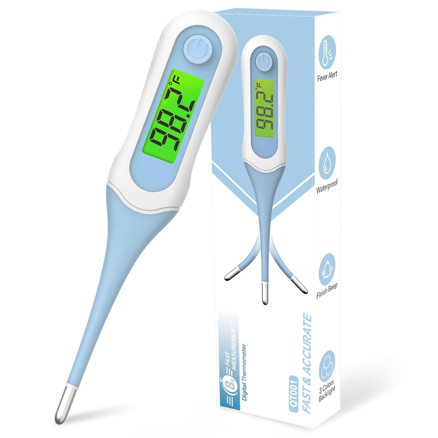 Digital Oral Thermometer for Adults and Kids, 8s Fast Reading, Accurate & Safe Thermometer for Baby with Fever Alarm, °C/°F Switchable, 3 Colors Backlit Medical Rectal Thermometers