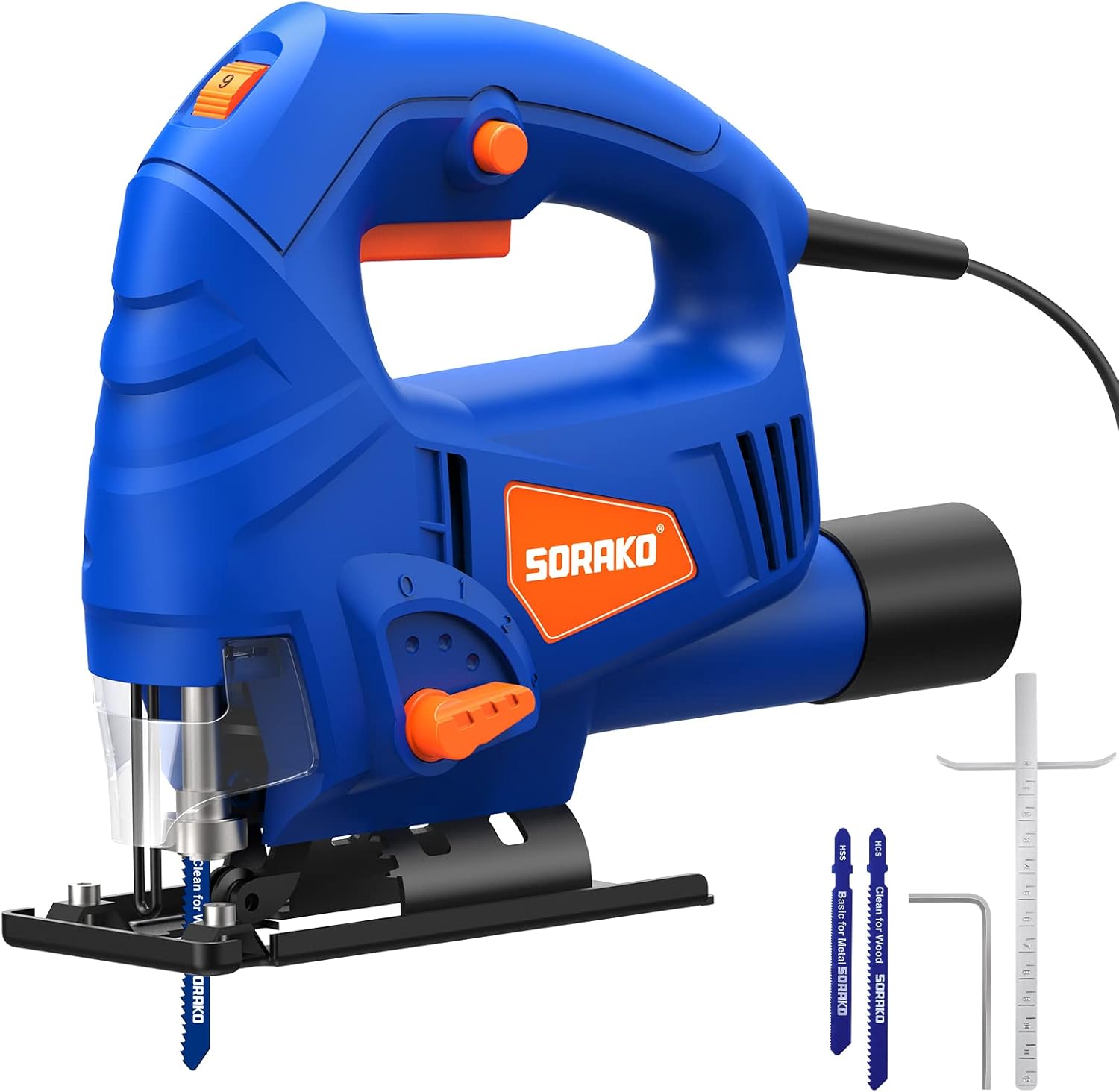 SORAKO 600W Corded Jigsaw for Wood & Metal | 800-3000SPM Electric Jigsaw with 6 Speeds + 3 Orbital Settings | 45° Bevel Cutting, 60mm Wood Cutting Depth