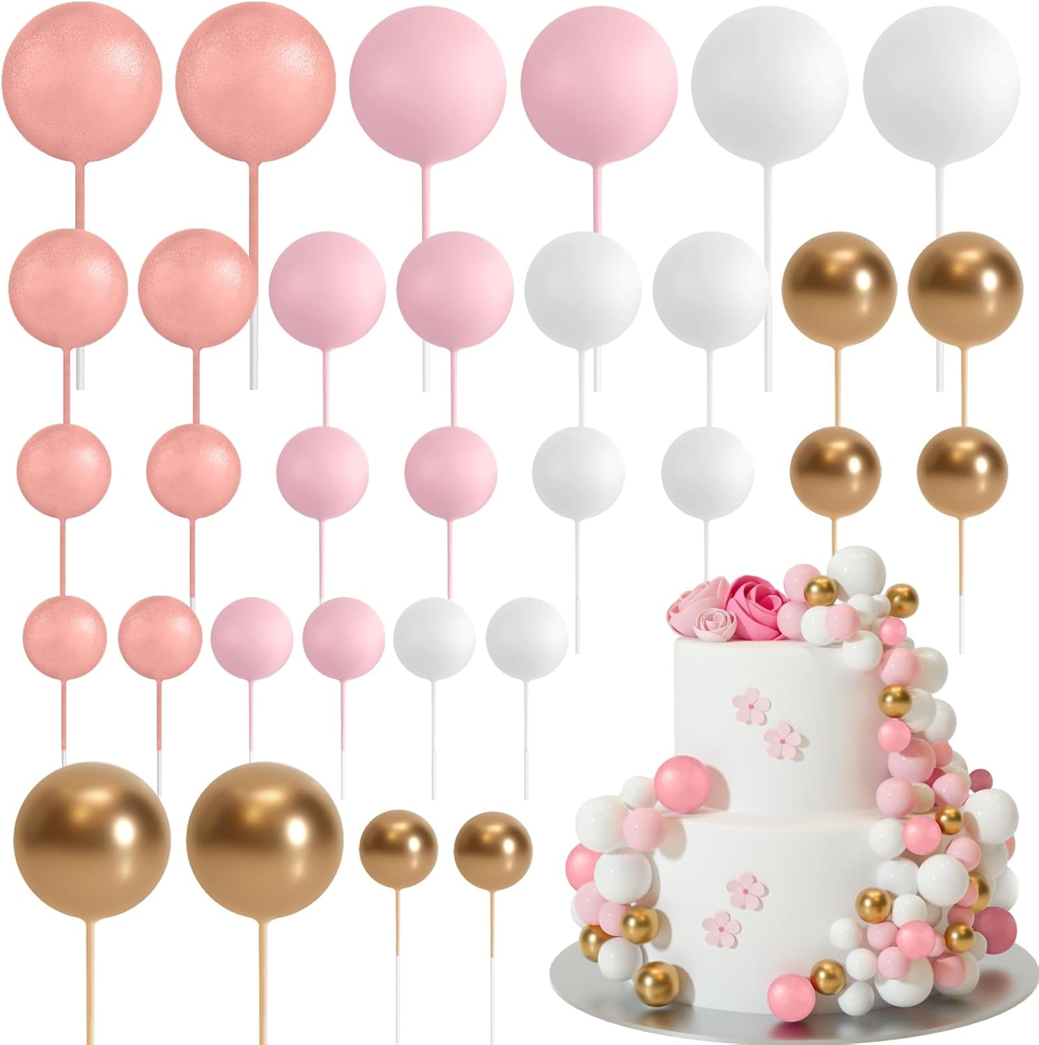 ASTARON 32 Pcs Ball Cake Topper Decorations Mini Balloons Cake Topper Sticks Foam Balls Cake Picks Cake Topper Balls Cake Decorations for Wedding Party Birthday Cake Decorations (Rose gold,Pink)