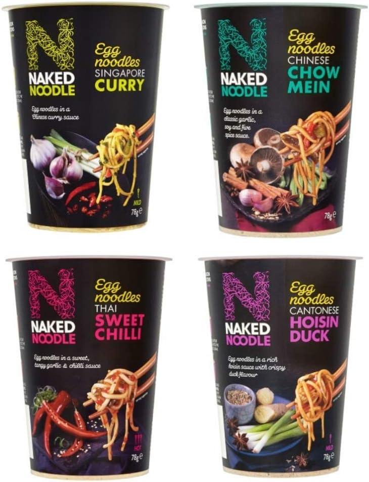Naked Noodle Pots – 4 Flavour Egg Noodle Collection – 1x Singapore Curry, 1x Chinese Chow Mein, 1x Hoisin Duck and 1x Thai Sweet Chilli – Ready in Just 4 Minutes