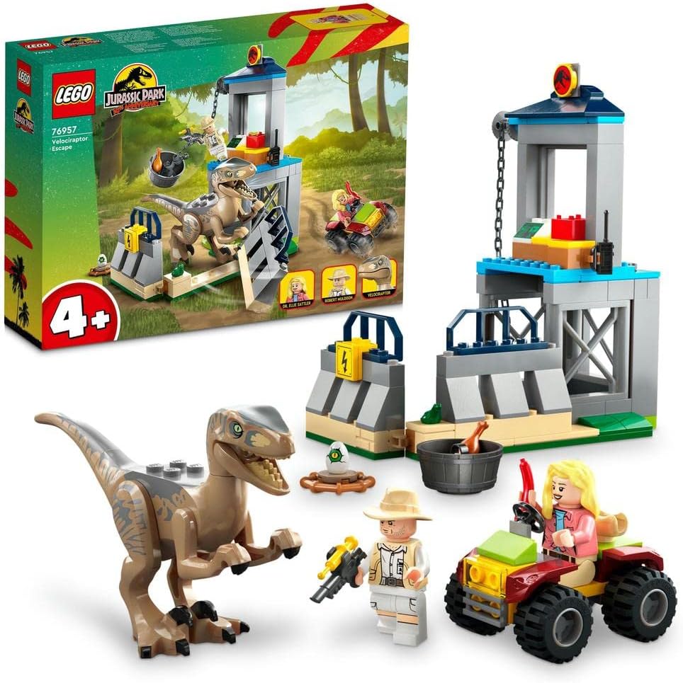 LEGO 76957 Jurassic Park Velociraptor Escape Dinosaur Toy for Boys, Girls, Kids Aged 4 and Up, Set with Dino Figure Age 4+, Off-Road Car and 2 Minifigures