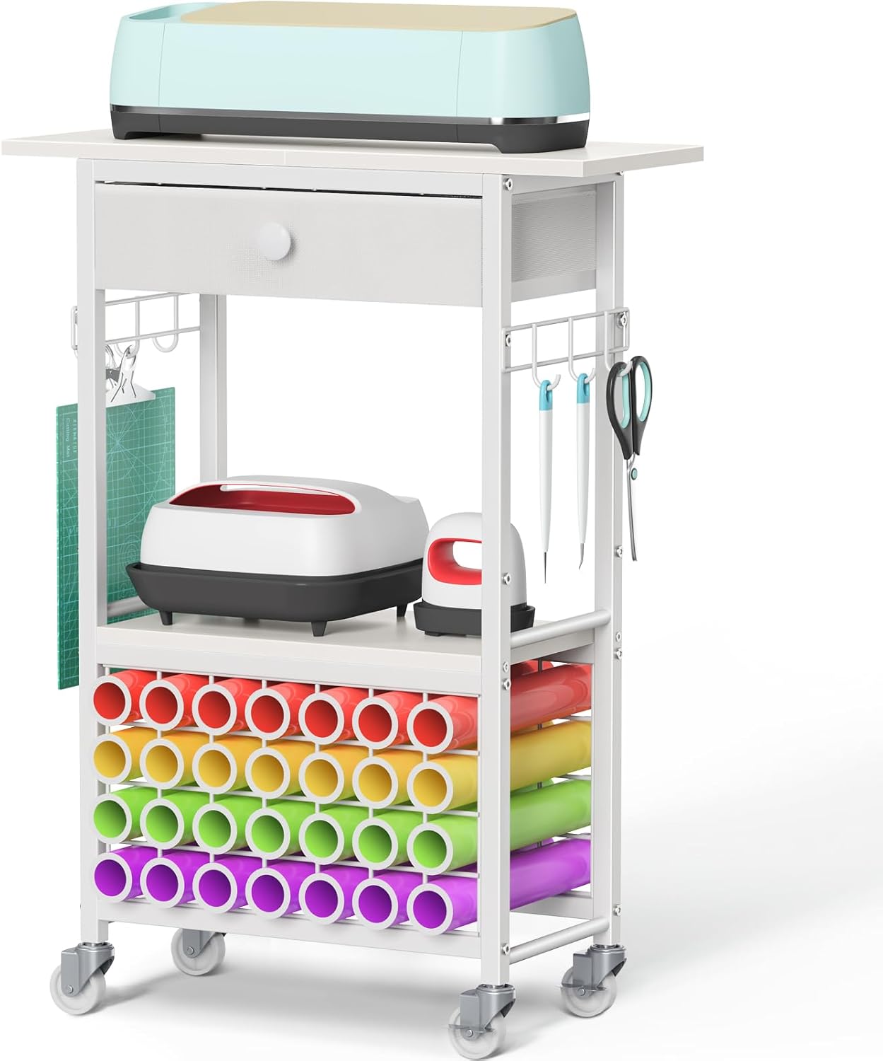 Snughome Craft Cart Compatible with Cricut Maker, Craft Organizers and Storage for Cricut Cart Organizer Table with Wheels, Drawer and 28 Vinyl Roll Holders, White, 23.6"(L) x 9.5"(D) x 31.7"(H)